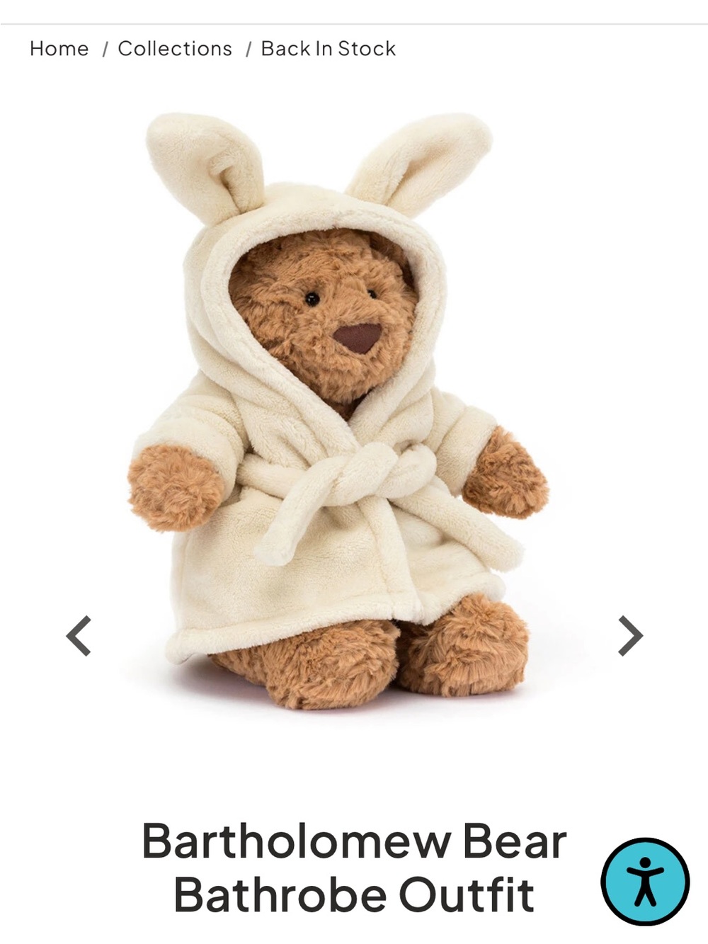 Jellycat Bartholomew Bear in Cream Bunny Robe